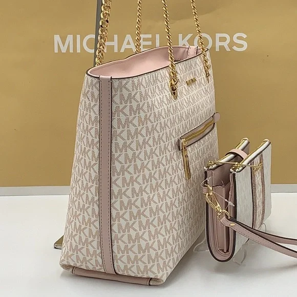 MICHAEL KORS Medium Zip Front Logo Chain Tote Bag & LARGE DOUBLE ZIP WRISTLET - Picture 5 of 16